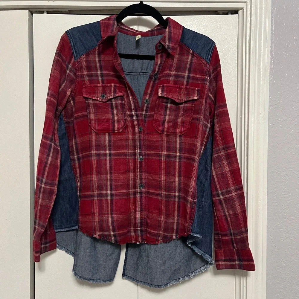 Free People Red Plaid Denim Mix Button Down Shirt Womens‎ XS Flannel Tunic